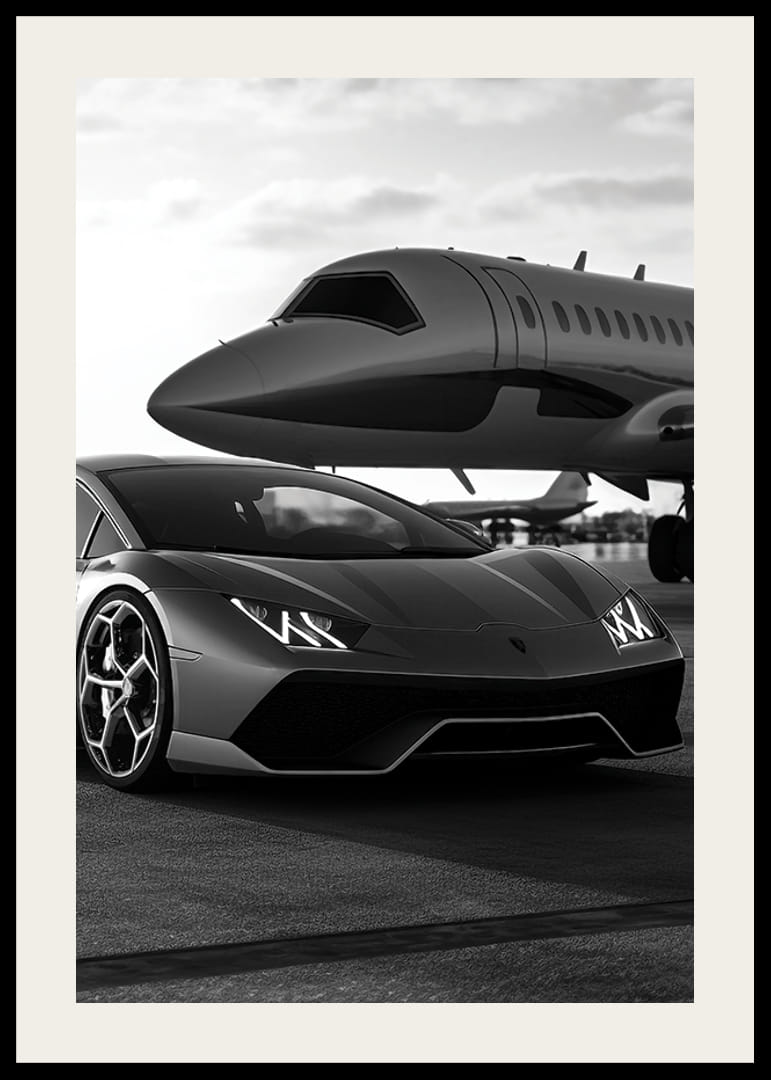 Schwarz-weißer Sportwagen und Privatjet am Flughafen in Nahaufnahme-12