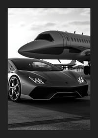 Schwarz-weißer Sportwagen und Privatjet am Flughafen in Nahaufnahme-5