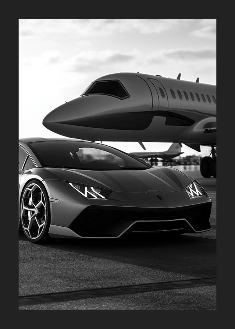 Schwarz-weißer Sportwagen und Privatjet am Flughafen in Nahaufnahme-12