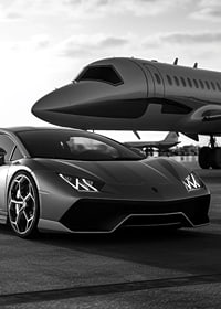 Black and white sports car and private jet at airport close-up-7