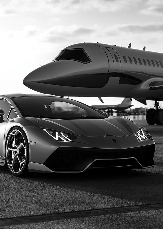Black and white sports car and private jet at airport close-up-12