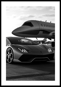 Black and white sports car and private jet at airport close-up-0