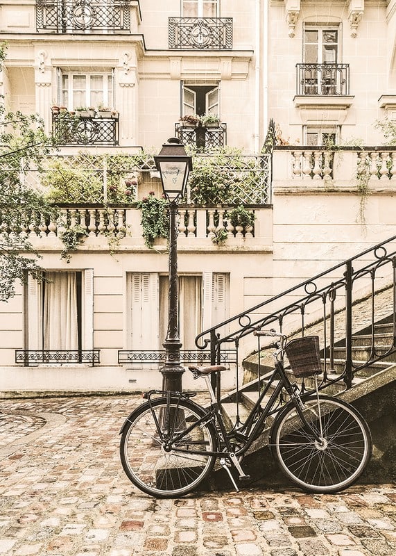Fotografi av klassisk cykel vid parisiskt stenhus i beige toner-12