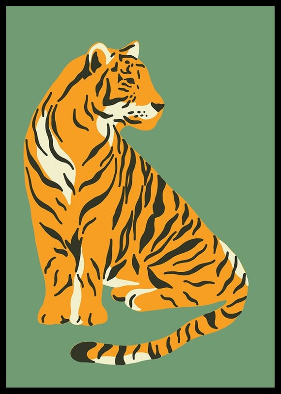 Illustrerad tiger i vintage stil mot dovt grön bakgrund-12