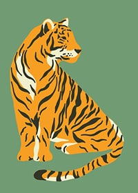 Illustrerad tiger i vintage stil mot dovt grön bakgrund-7
