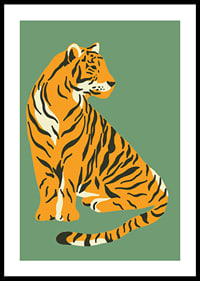 Illustrerad tiger i vintage stil mot dovt grön bakgrund-0