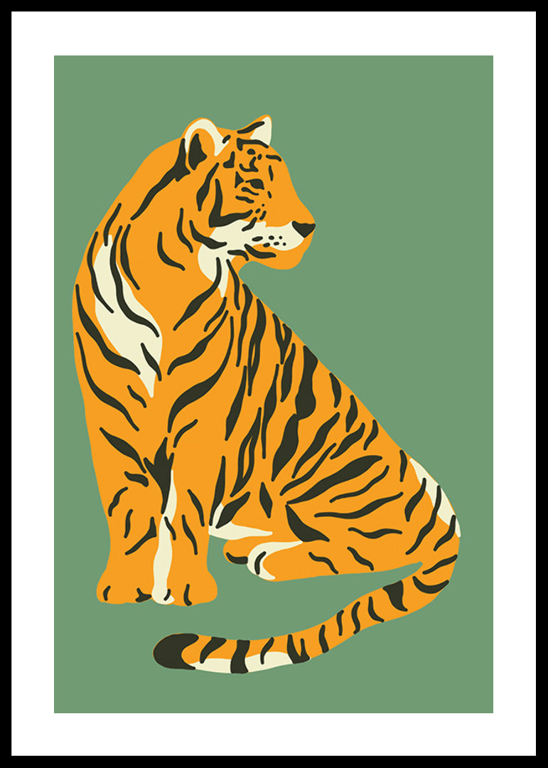 Illustrerad tiger i vintage stil mot dovt grön bakgrund-12