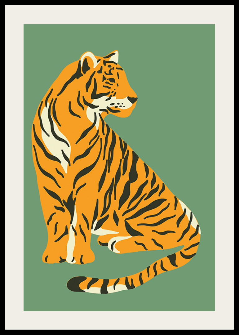 Illustrerad tiger i vintage stil mot dovt grön bakgrund-12