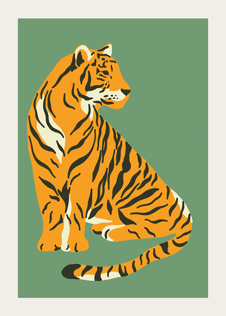 Illustrerad tiger i vintage stil mot dovt grön bakgrund-12