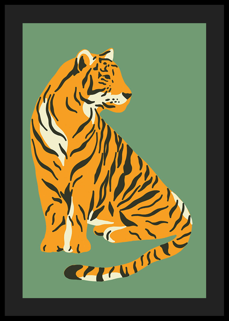 Illustrerad tiger i vintage stil mot dovt grön bakgrund-12