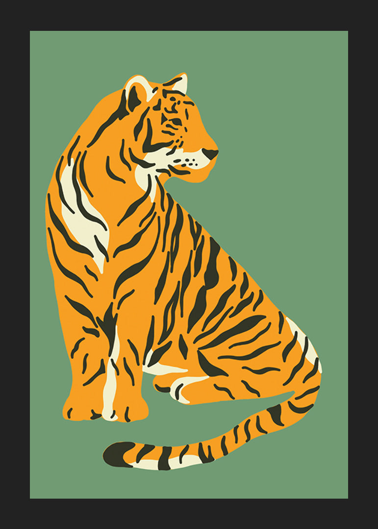 Illustrerad tiger i vintage stil mot dovt grön bakgrund-12