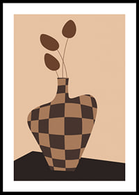 Graphic vase with checkered pattern in brown shades and simple leaves-0