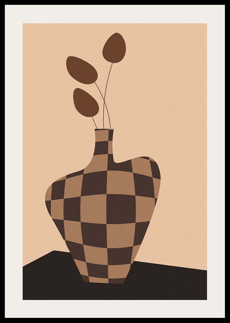 Graphic vase with checkered pattern in brown shades and simple leaves-12