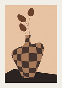 Graphic vase with checkered pattern in brown shades and simple leaves-3