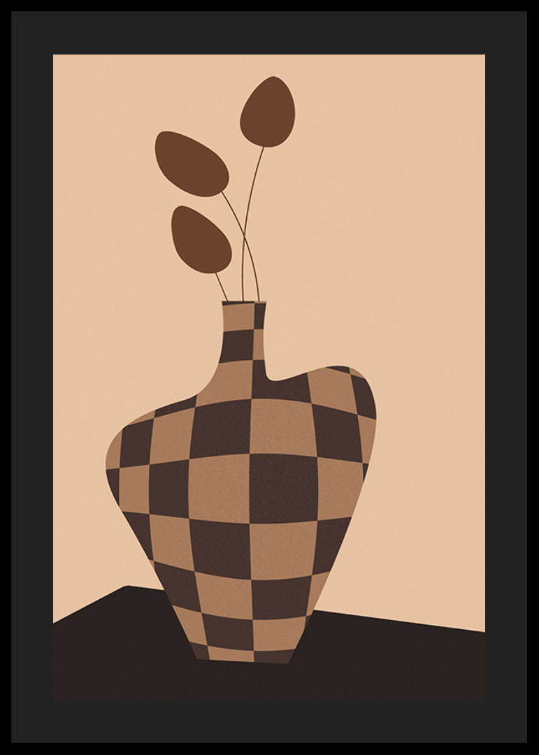 Graphic vase with checkered pattern in brown shades and simple leaves-12