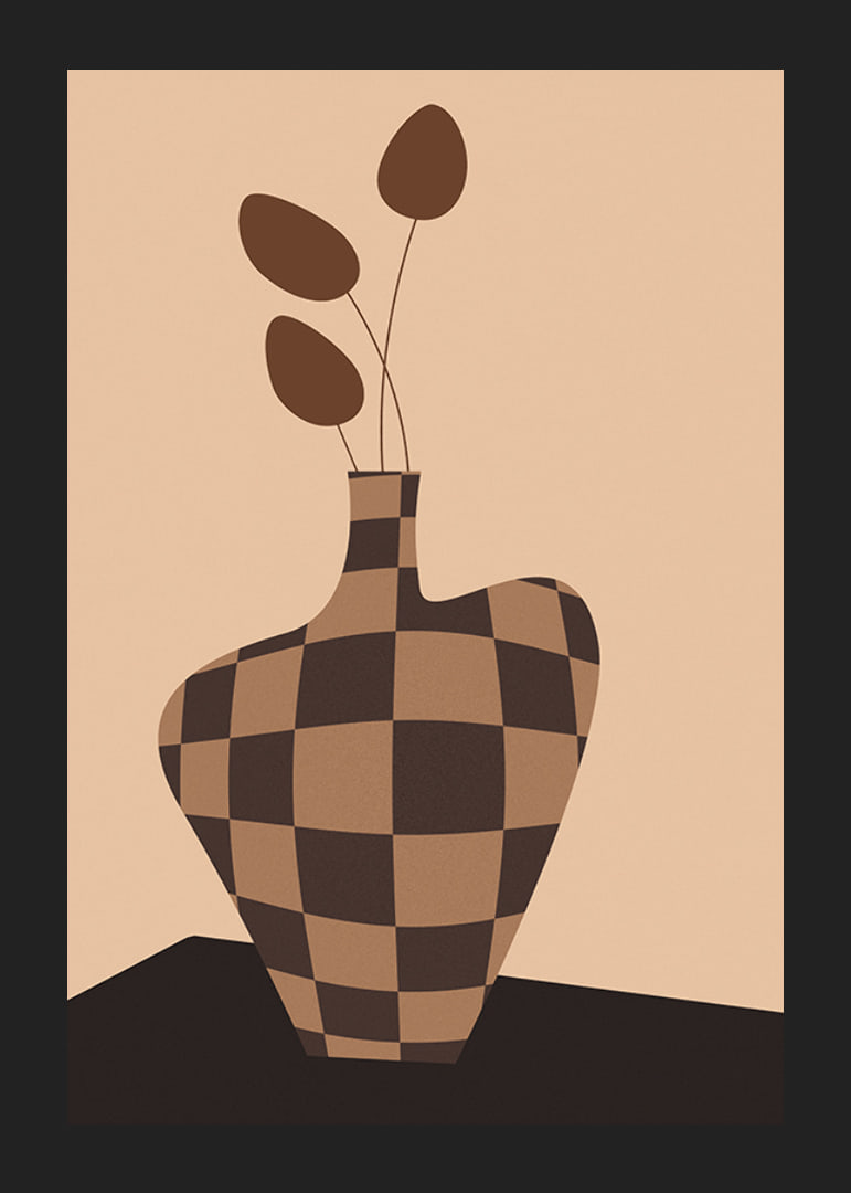 Graphic vase with checkered pattern in brown shades and simple leaves-12
