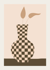 Illustrerad rutmönstrad vas i beige och brunt med blad-3