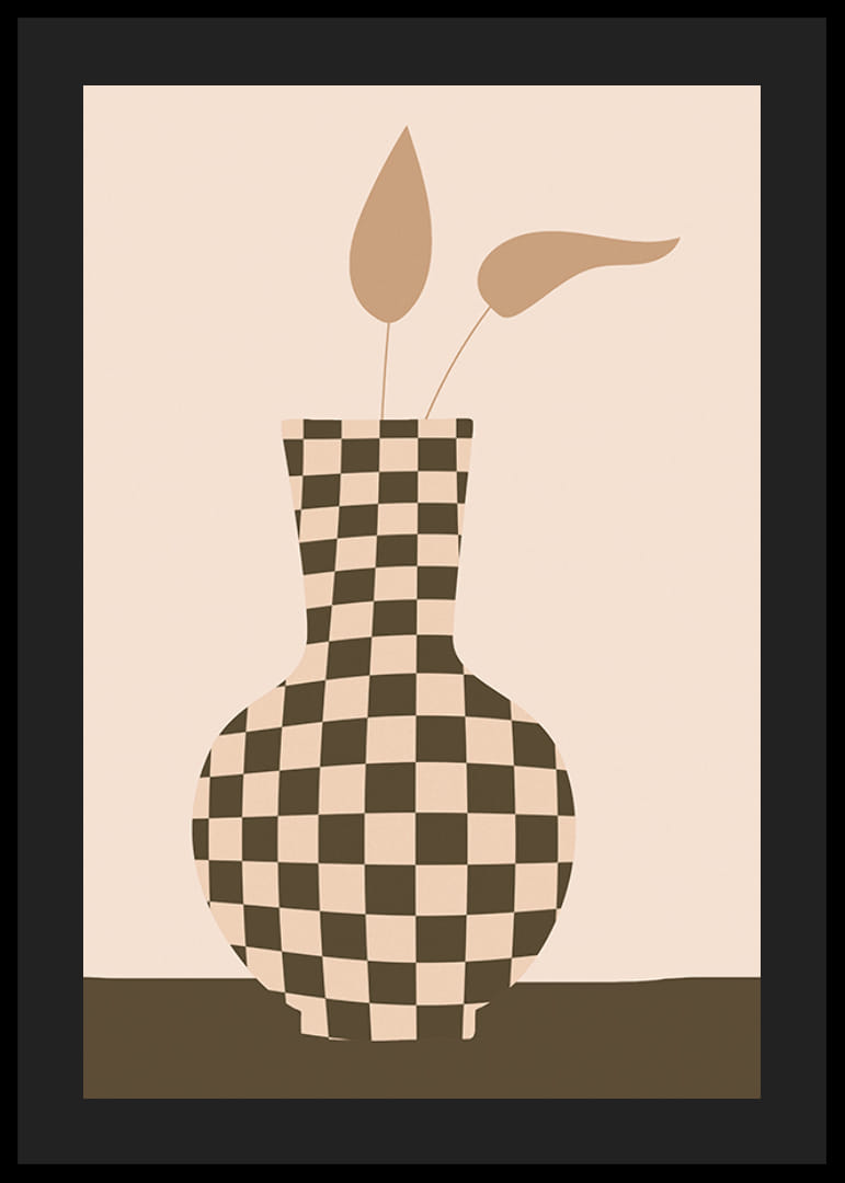 Illustrerad rutmönstrad vas i beige och brunt med blad-12