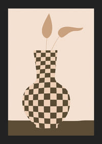 Illustrerad rutmönstrad vas i beige och brunt med blad-5