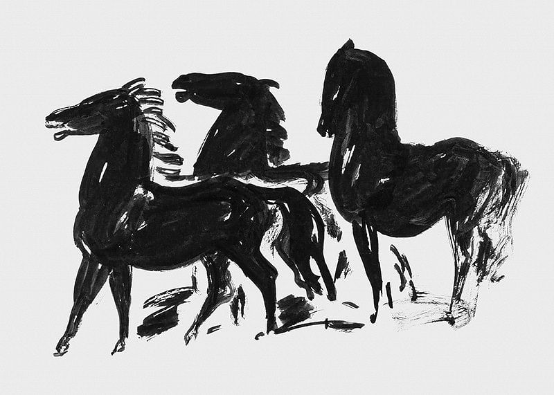 Drie Zwarte Paarden Staand Naar Links Kijkend By Leo Gestel-12
