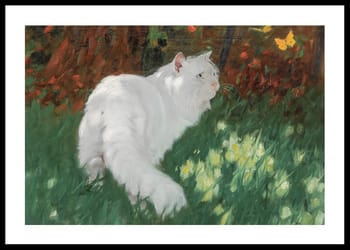 Poster White Cat And Butterflies By Arthur Heyer