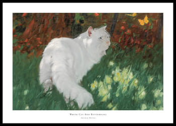 Poster White Cat And Butterflies By Arthur Heyer