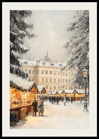 Târg de Crăciun ilustrat cu brazi acoperiți de zăpadă și conac-2