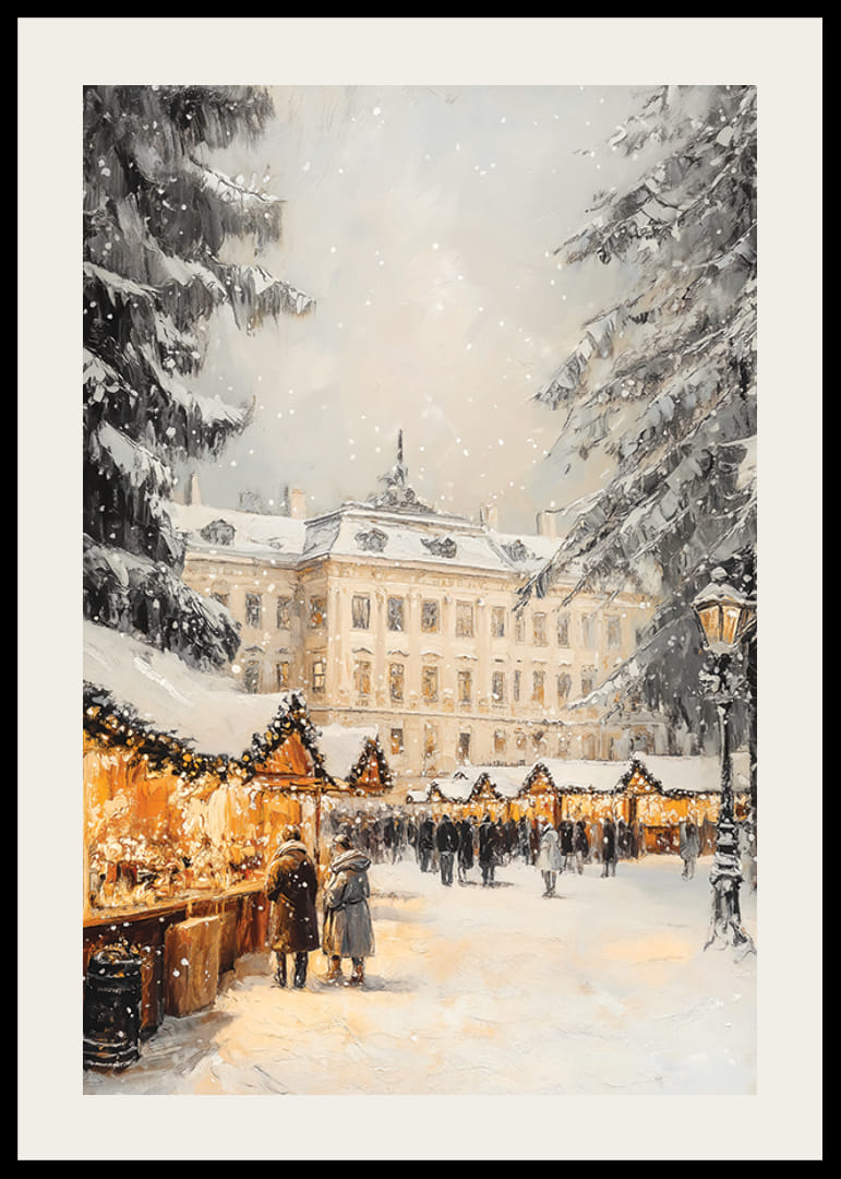 Târg de Crăciun ilustrat cu brazi acoperiți de zăpadă și conac-12