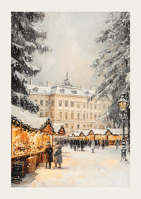 Târg de Crăciun ilustrat cu brazi acoperiți de zăpadă și conac-3