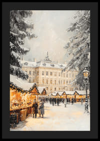 Târg de Crăciun ilustrat cu brazi acoperiți de zăpadă și conac-4