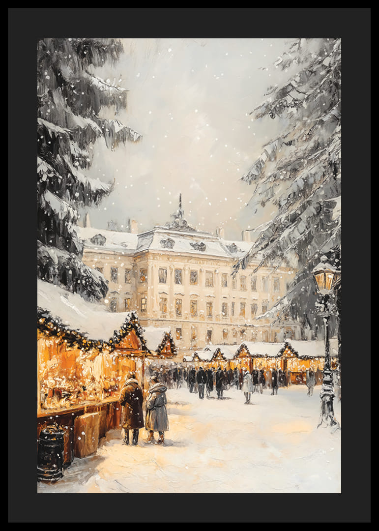 Târg de Crăciun ilustrat cu brazi acoperiți de zăpadă și conac-12