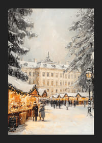 Târg de Crăciun ilustrat cu brazi acoperiți de zăpadă și conac-5