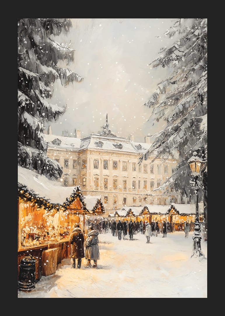 Târg de Crăciun ilustrat cu brazi acoperiți de zăpadă și conac-12