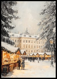 Illustrated Christmas market with snow-covered trees and mansion-6