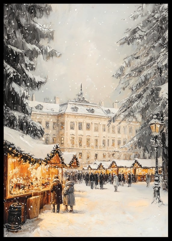 Illustrated Christmas market with snow-covered trees and mansion-12
