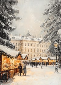 Illustrated Christmas market with snow-covered trees and mansion-7