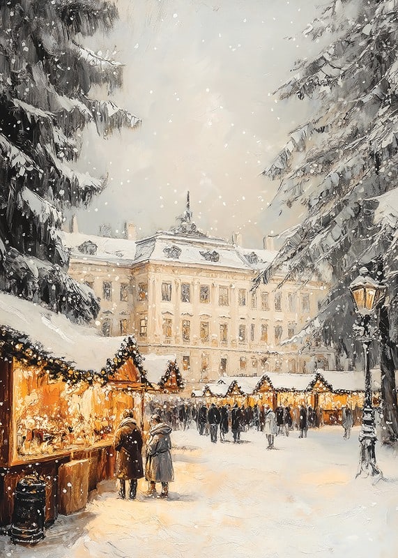 Illustrated Christmas market with snow-covered trees and mansion-12