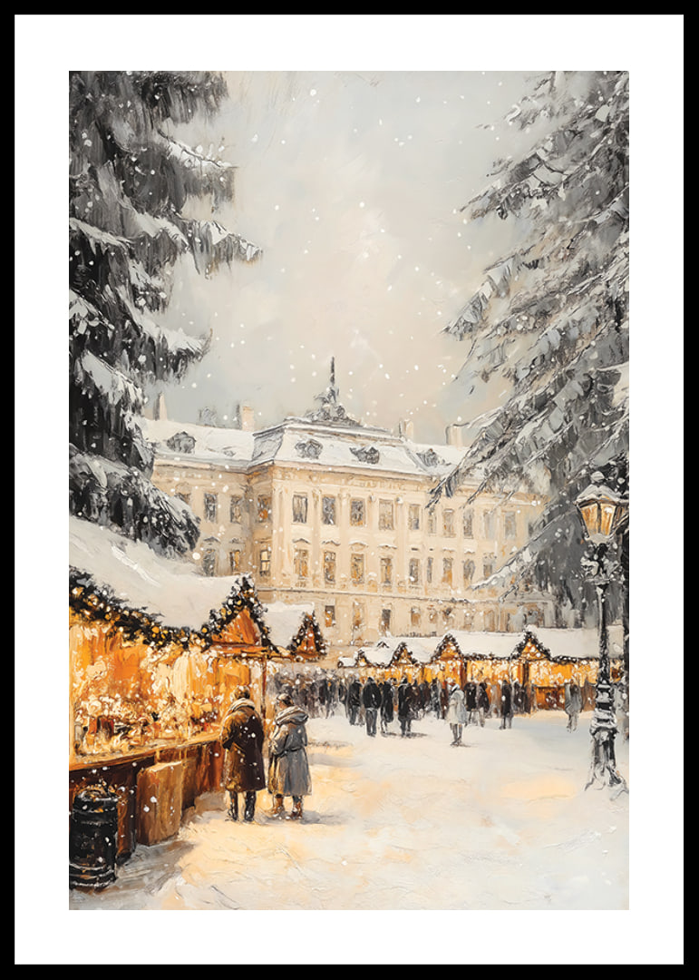 Illustrated Christmas market with snow-covered trees and mansion-12
