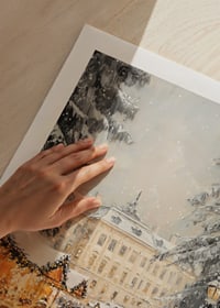 Illustrated Christmas market with snow-covered trees and mansion-9