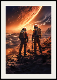 To astronauter i oransje dresser på en gold romplanet med glødende himmel-2