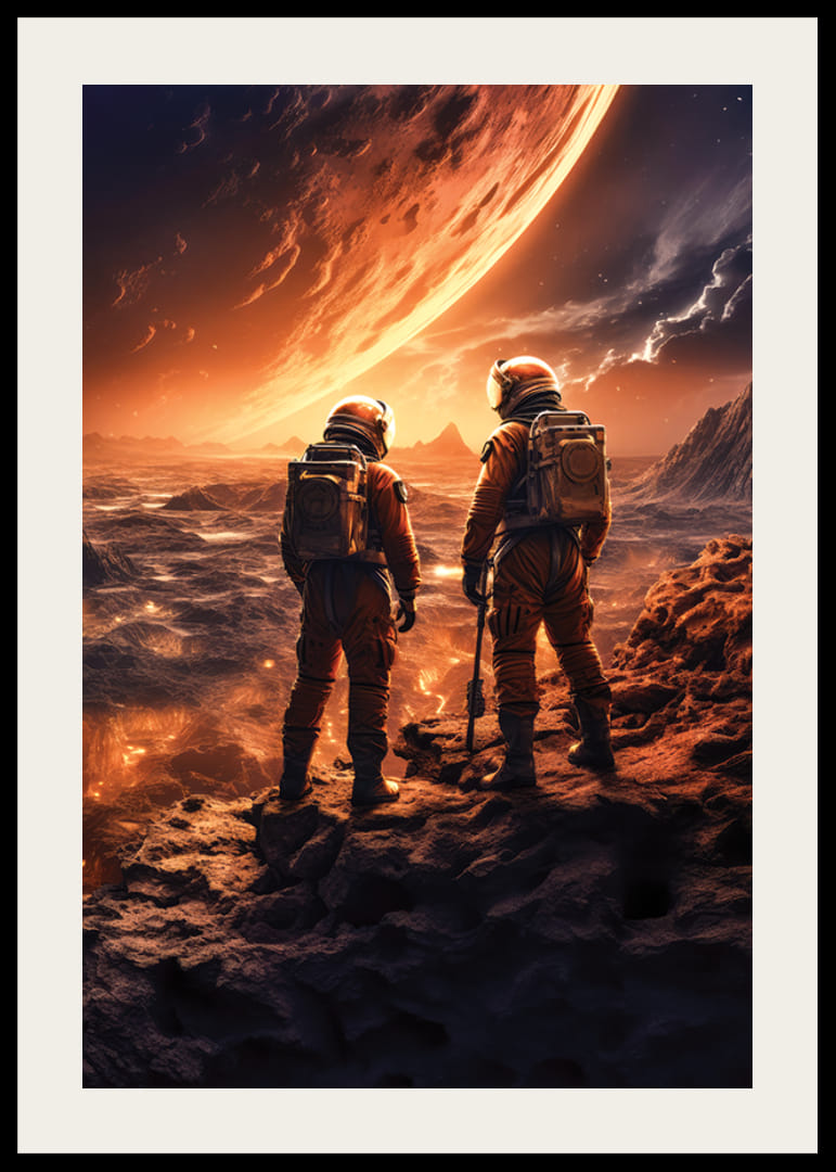 To astronauter i oransje dresser på en gold romplanet med glødende himmel-12