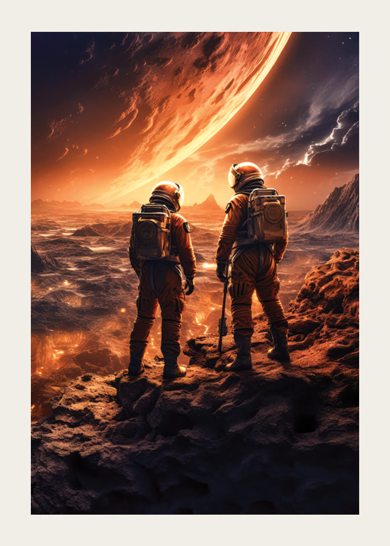 To astronauter i oransje dresser på en gold romplanet med glødende himmel-12