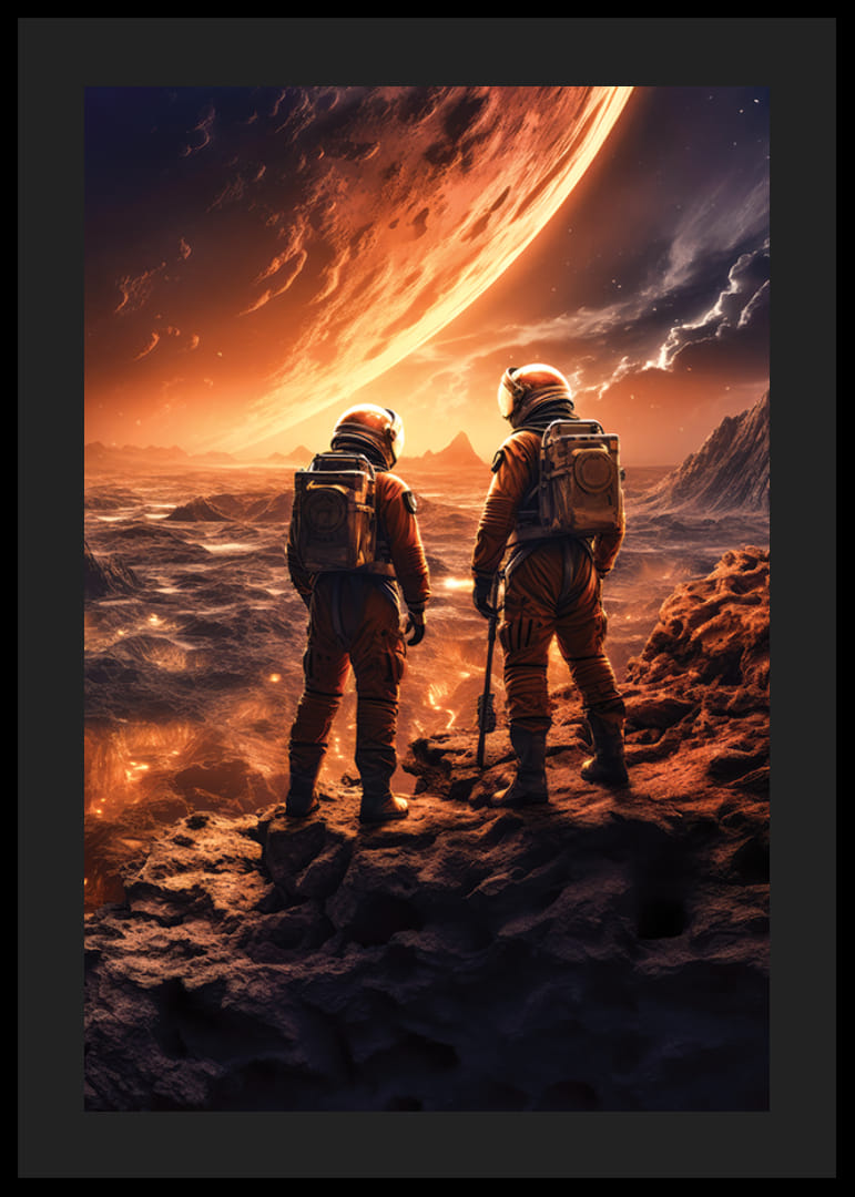 To astronauter i oransje dresser på en gold romplanet med glødende himmel-12