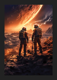 To astronauter i oransje dresser på en gold romplanet med glødende himmel-5