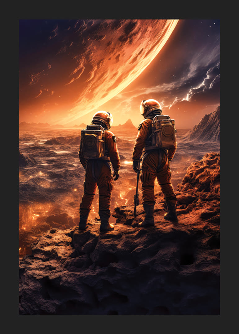 To astronauter i oransje dresser på en gold romplanet med glødende himmel-12