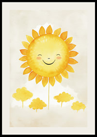 Akvarellillustration av sol med leende ansikte och gula toner-2