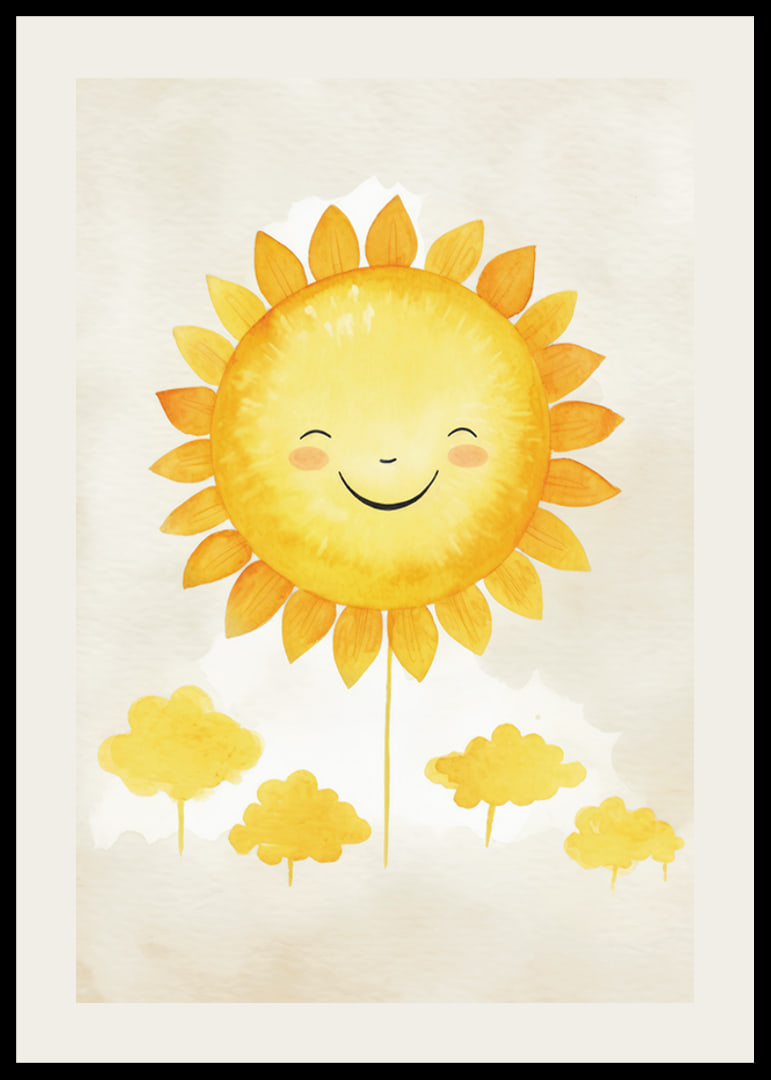 Akvarellillustration av sol med leende ansikte och gula toner-12
