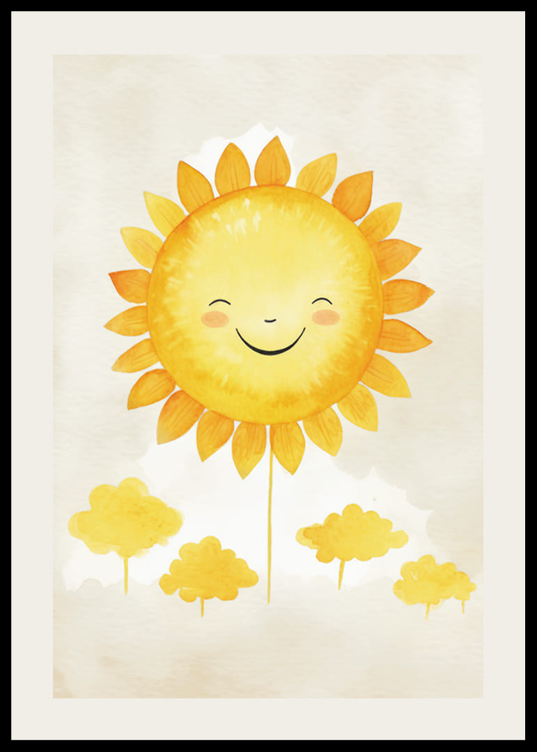 Ilustrație în acuarelă a soarelui cu o față zâmbitoare și tonuri de galben-12