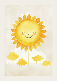 Akvarellillustration av sol med leende ansikte och gula toner-3