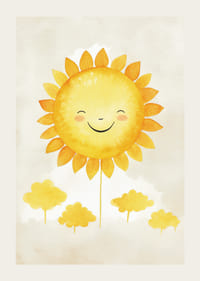 Ilustrație în acuarelă a soarelui cu o față zâmbitoare și tonuri de galben-3